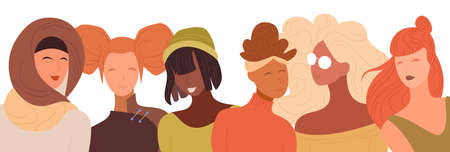 Women of different nationalities and cultures strong together. Concept of friendship and union of feminists or sisterhood. Banner card for international woman day 8 march. Vector isolated illustrationのイラスト素材