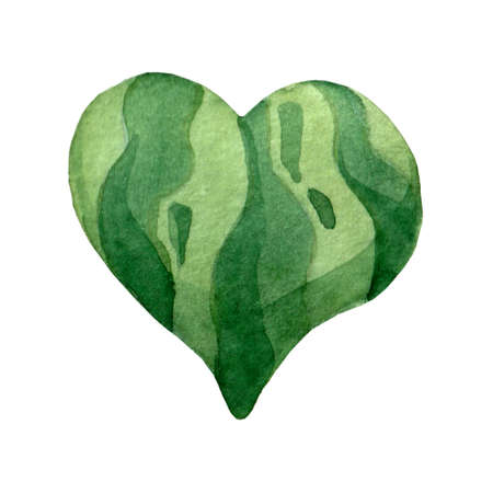 Watercolor heart with green watermelon stripes. Decoration illustration for summer design with fruit. Creative design of melon. Use for festival banner, flyer or postcard. Seasonal delicacy for dietの写真素材