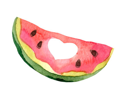 Slice of watercolor watermelon with white heart on isolated backdrop. Red berry for creative illustration design of seasonal cafe menu or holiday. Ripe part of summer fruit with seeds on texture paperの写真素材