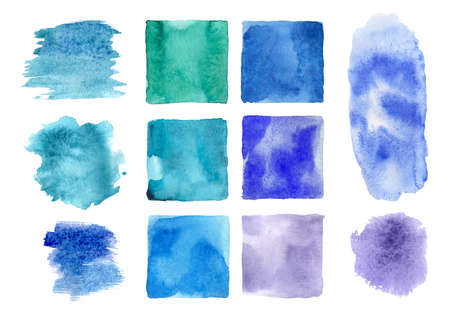 Set of blue, emerald and violet watercolor spots isolated on white background. Design elements on textured paper illustration for holiday. Collection of decorative stains and squares in winter colorsの写真素材