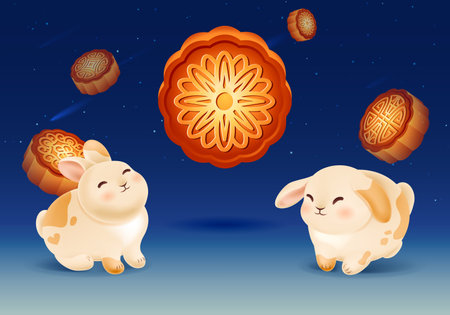 Chinese mid autumn festival banner. Cute rabbits sitting with baked mooncakes against background of night starry sky. Traditional oriental holiday with bunny and treat. vector illustration templateのイラスト素材