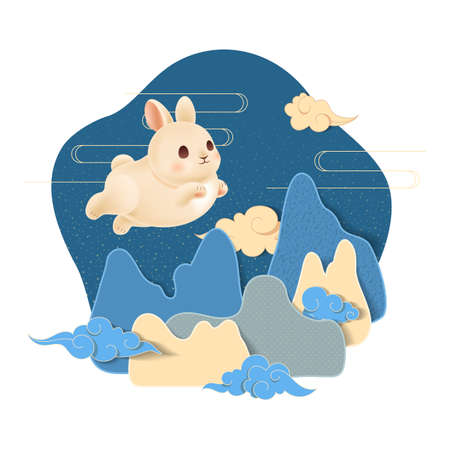 Rabbit with fluffy tail jumping on Chinese mountains and hills among traditional clouds. Symbol of Chinese New Year 2023. Template with bunny for Mid Autumn and Chuseok festival. Vector illustrationのイラスト素材