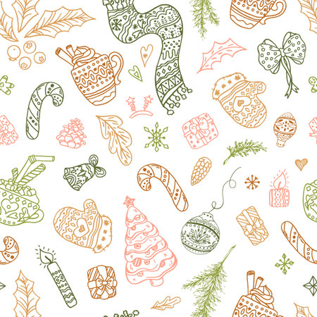 Seamless christmas pattern in doodle style. Repeat ornament background with winter items. Hand drawn decorのイラスト素材