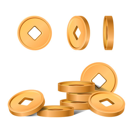 3d traditional Chinese golden coins with square hole. Ancient old gold money set. Asian coin different angles. Decoration elements for oriental New Year design isolated. Symbol of wealth or prosperityのイラスト素材