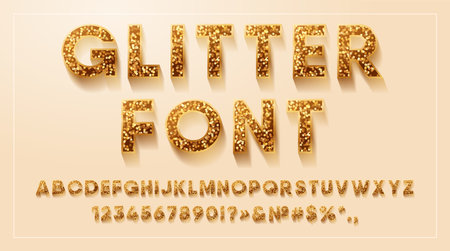 Glitter golden alphabet, numbers and signs with shadow. Bold gold letters sparkle of solar sequins. Shining vector font with metallic effect. Brilliant capital text for holiday and festive.のイラスト素材
