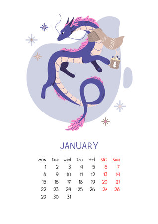 Vertical page calendar for January 2024. Chinese dragon wearing scarf and holding mug of hot chocolate and marshmallows. Cozy vector illustration. Symbol of New Year 2024. Flat trendy design.のイラスト素材
