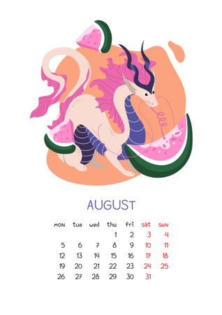 Bright calendar page design with Chinese dragon. Monthly schedule for August with symbol of new year 2024 and slices of ripe watermelon. Vector illustration of vertical planner on isolated backgroundのイラスト素材
