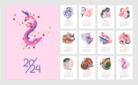 Calendar new 2024 year with flying dragons, symbol of year. Calendar template series. Monthly template. Wall calendar in flat style. Week start on Monday. Vertical pages A4 format. Vector illustrationのイラスト素材