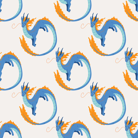 Seamless pattern of Chinese dragons in flat style. Design background for textile, cover, paper on Chinese New Year 2024. Flying dragons for asian holiday. Vector illustration on isolated backgroundのイラスト素材