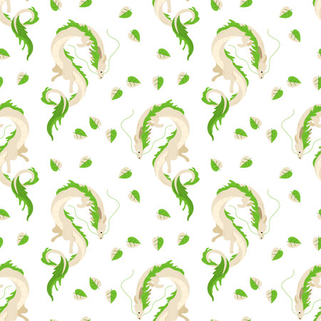 Seamless pattern with green Chinese dragons and leaves. Bright cartoon ornament. Symbol of Chinese New Year 2024. Dragons for asian holiday template. Vector illustration on isolated backgroundのイラスト素材