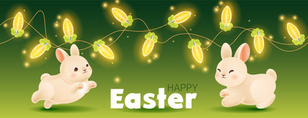 Happy Easter banner with 3d rabbit and garland in shape of carrot. Realistic bunny surrounded bright fireflies in greeting card. Modern design elements for spring holiday. Vector illustrationのイラスト素材