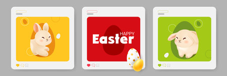 Happy Easter stories template. Imitation of a social media post with likes for spring holiday. Set of greeting cards with bunny and eggs on red, yellow and green background. Vector illustrationのイラスト素材