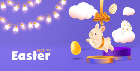 Happy Easter web banner with jumping bunny, decorative eggs and sparkling garland. Clouds and eggs hover around hare. Gift ribbon with bow holds realistic rabbit. Decor template. Vector illustrationのイラスト素材