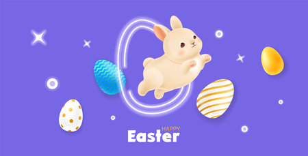 Happy Easter greeting banner. Design template with jumping bunny through a neon sign in the shape of an Easter egg. Background with falling eggs and shining neon stars and circles. Vector illustrationのイラスト素材
