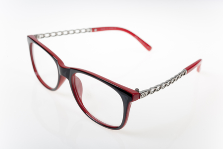 Close-up view on eyeglasses on white backgroundの写真素材