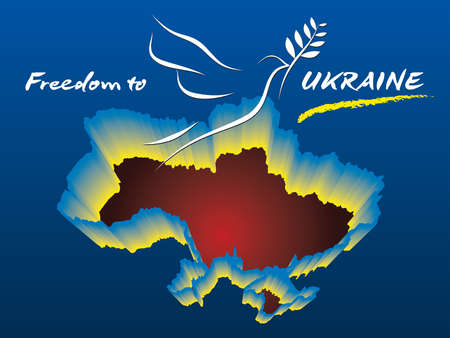 Freedom to Ukraine! The white dove of peace with an olive branch over the burning silhouette of Ukraine with sparkling contours in the colors of Ukraine. The military clash between Russia and Ukraine.のイラスト素材
