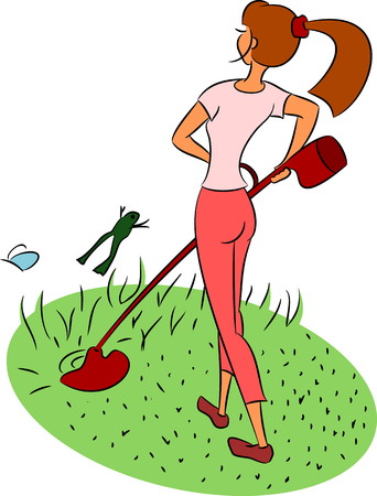 Girl mows the lawnのイラスト素材
