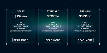 Banners for tariffs and price lists. Web elements. Plan the hosting. design for a web application.のイラスト素材