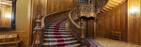 LVIV, UKRAINE - JANUARY 16, 2016: House of Scientists in Lviv, Ukraine. Vintage wooden spiral staircase.のeditorial素材