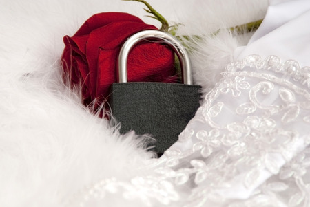 locks and red rose on white wedding tissueの写真素材