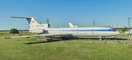 KRIVOY ROG, UKRAINE - FEBRUARY 5, 2016: Panoramic view of old soviet aircraft TU-154 Tupolev at an abandoned aerodromeのeditorial素材