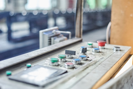 Factory control panel with red and green buttons. Close up imageの写真素材