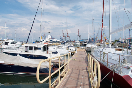 ODESSA UKRAINE - July 4, 2016 - Yachts in the port of Odessa, Ukraine. Yacht club.のeditorial素材