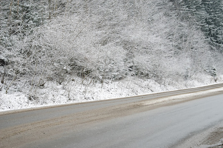 Winter rural road. Country road among frosted treesの写真素材