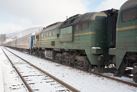Old diesel passenger train in Vorokhta, Ukraineのeditorial素材
