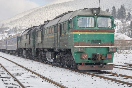 Old diesel passenger train in Vorokhta, Ukraineのeditorial素材