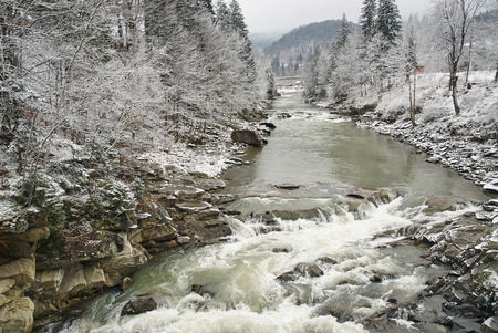 Mountain river in winter landscape. Winter concept. Ukraine, Yaremche.の写真素材