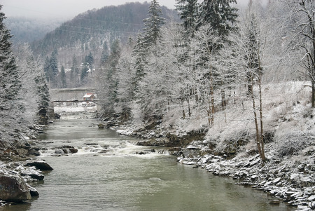 Mountain river in winter landscape. Winter concept. Ukraine, Yaremche.