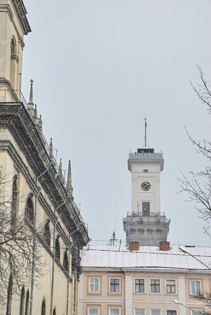 LVIV, UKRAINE - JANUARY 24, 2016: Winter view on Town Hall in Lviv, Ukraineの写真素材