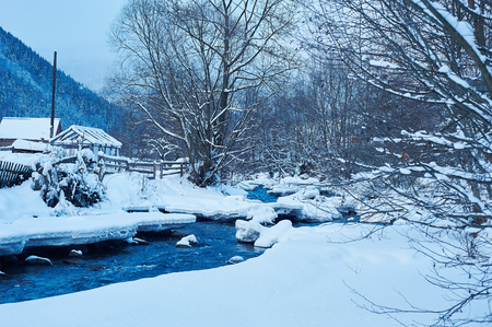 Winter mountain river after the snowfall. Forest covered in snow. Cold toneの写真素材