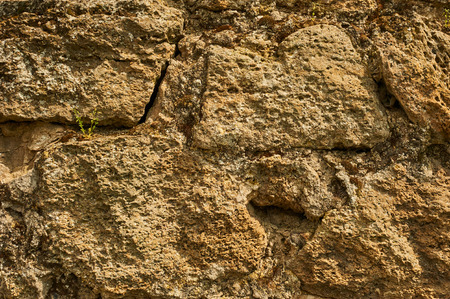 Ancient stone wall. Yellow grunge texture of old brick.の写真素材