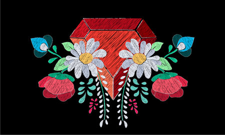 A Vector floral embroidery effect with precious stone on a simple presentation.のイラスト素材