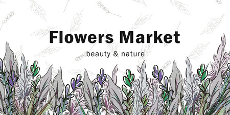 Illustration of meadow flowers for ticket, voucher, banner, card.のイラスト素材
