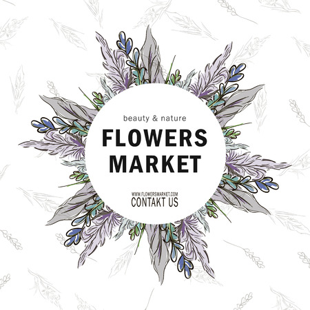 Composition of meadow flowers in circular border with phrase flowers market for ticket, voucher, banner, card.のイラスト素材