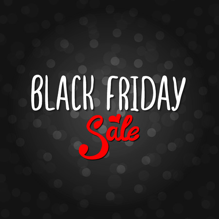 Vector black lettering inscription Black Friday with red word sale on a black background . Hand drawn text. Vector white black abstract background with circles of different size.のイラスト素材