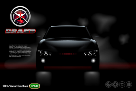Black car on black background with logo and description. Mock up is ready to be converted to your business needs. Realistic imageのイラスト素材