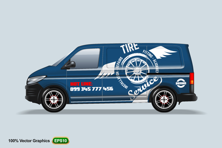 Tire service. Blue Delivery van template. With advertise, editable layout.のイラスト素材