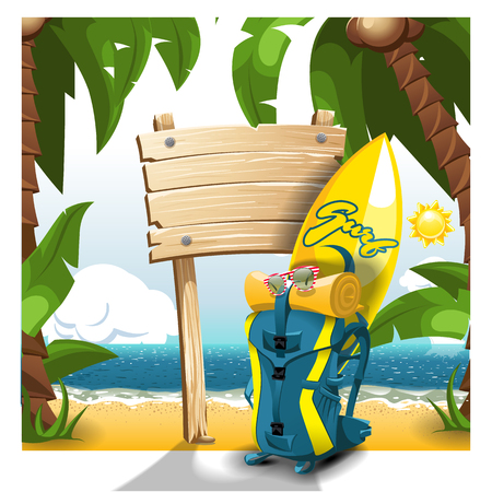 Summer scene on the beach with board and backpack and surf board. High resolution vectorのイラスト素材
