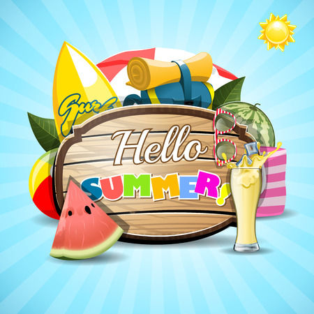 Hello Summer poster on wood signboard with beach elements.のイラスト素材