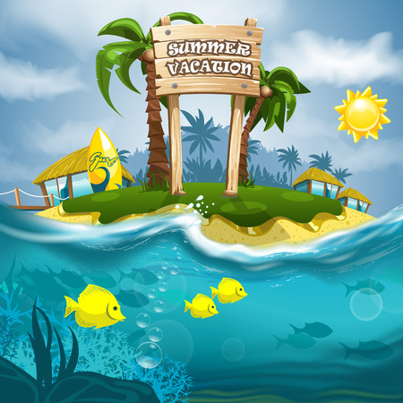 Summer Vacation signboard on island and sea waveのイラスト素材