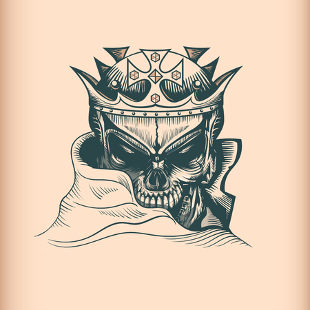 Vintage King skull, monochrome hand drawn tatoo styleのイラスト素材