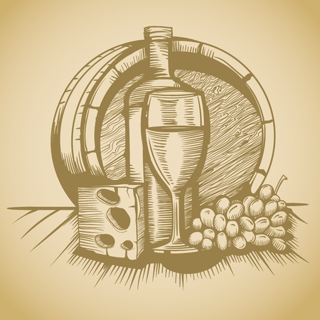 Barrel of wine cheese and grapes, sketch pictures. EPS 10 Vector graphics. Layered and editable.のイラスト素材