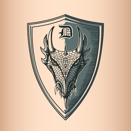 Dragon on Shield. Hand Drawing image.のイラスト素材