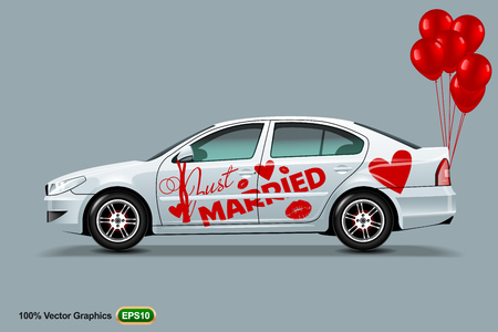 White Car with red balloons, isolated on a grey background, with an inscription Just Married. EPS 10 Vector graphics.のイラスト素材