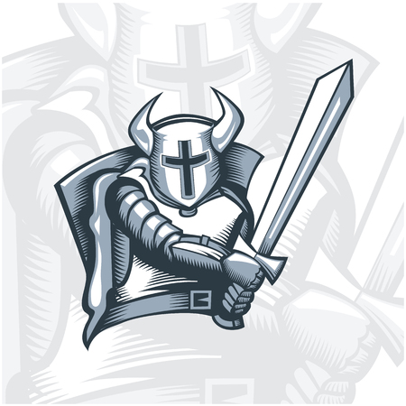 Monochrome Fearless Knight Warrior.  Vector graphics. Layered and editable.のイラスト素材