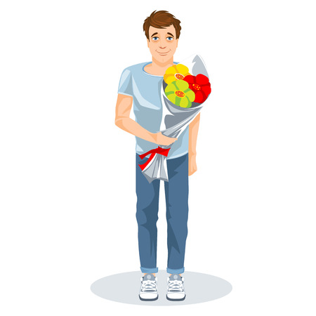 Guy with a bunch of flowers cartoon image. Vector graphics.のイラスト素材